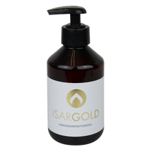 Abgebildet ist eine bernsteinfarbene 250-ml-Pumpflasche von Dr. Schnell ISARGOLD Händedesinfektionsgel, alkoholisch, mit Rückfetter (von DR.SCHNELL GmbH & Co. KGaA) mit einem gold-weißen Logo auf dem Etikett vor weißem Hintergrund.