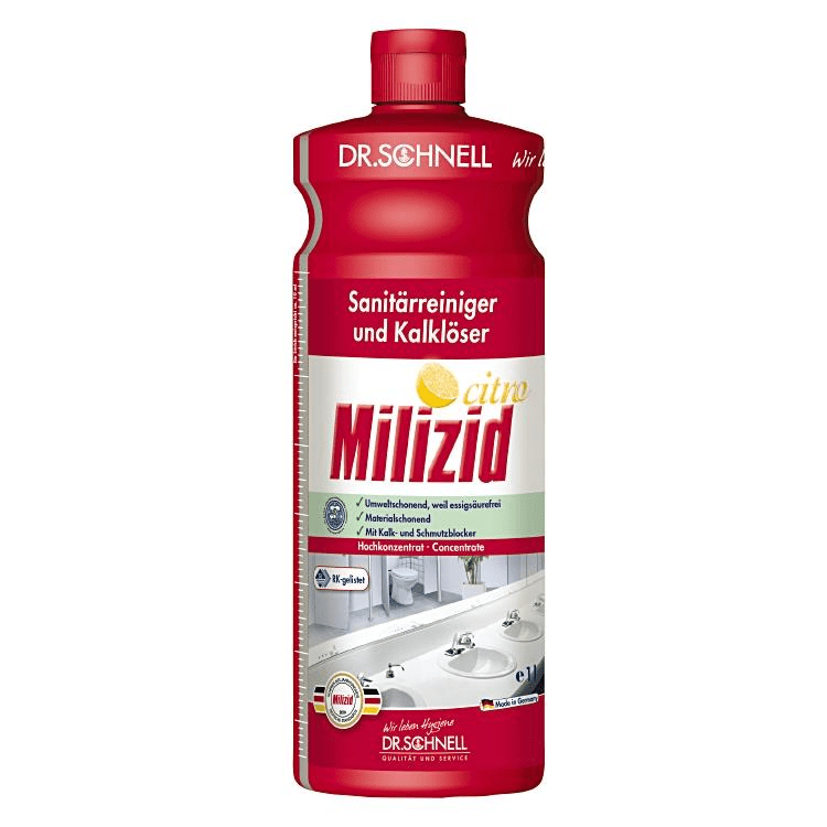 Una bottiglia rossa Dr. Schnell CimoCid Free disinfettante per le mani della DR.SCHNELL GmbH & Co. KGaA, con un'etichetta bianca con testo tedesco e un'immagine di mani pulite.