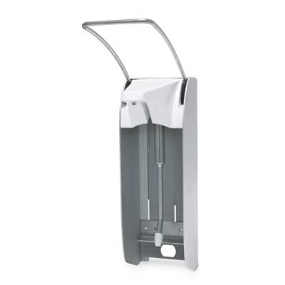 Il dispenser da parete Dr. Schumacher AK 500 Plus lungo è un dispenser montato a parete in acciaio inossidabile con una leva superiore per l'azionamento con il gomito e un vano vuoto per la tua bottiglia di disinfettante.