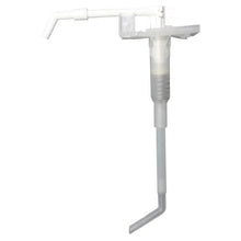 La pompa in plastica Dr. Schumacher della Dr. Schumacher GmbH è una robusta pompa dosatrice bianca con un lungo tubo angolato e un beccuccio orizzontale - ideale per l'erogazione di liquidi da grandi contenitori.