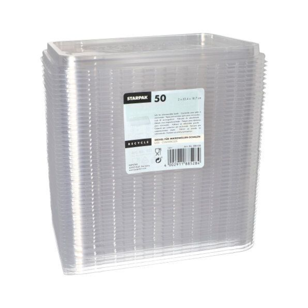 Nell'immagine è visibile una pila di coperchi di plastica trasparente con la scritta "Coperchio Starpak per ciotole da microonde". Sull'etichetta frontale sono visibili i dettagli del prodotto, incluso un simbolo di riciclaggio e un codice a barre in basso.