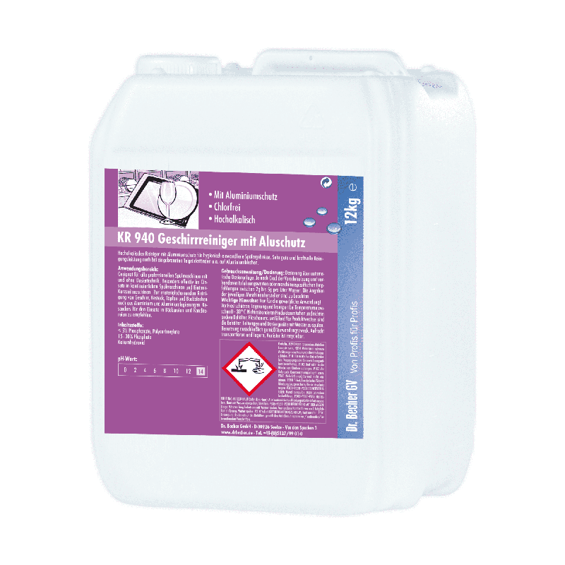 Il detergente per stoviglie KR 940 da 12 kg Dr. Becher con protezione in alluminio di Dr. Becher GmbH è un contenitore bianco con maniglia integrata e un'etichetta viola con istruzioni in tedesco, simboli e avvertenze sulle sue proprietà detergenti altamente alcaline e sulla sua protezione in alluminio.