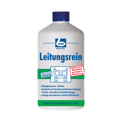 Una bottiglia di pulizia delle tubature Dr. Becher, prevalentemente blu e bianca, è in piedi con testo e grafica in tedesco. Questo concentrato liquido igienico è perfetto per la pulizia delle linee di birra e soddisfa gli standard chimici e tecnici. La formula migliorata della Dr. Becher GmbH indica un avviso rosso.