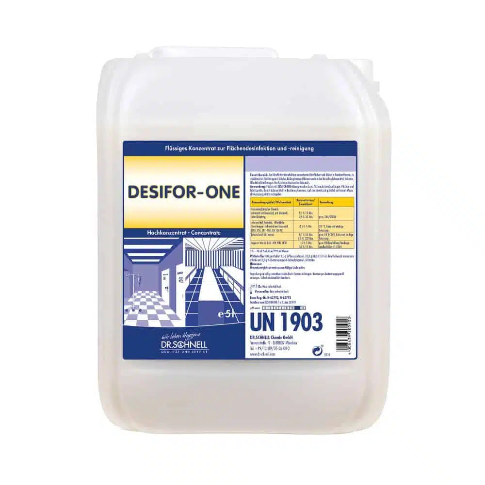 Un contenitore da 5L della DR.SCHNELL GmbH & Co. KGaA con l'etichetta "Dr. Schnell Desifor-One disinfezione superficiale, limitatamente virucida PLUS", con informazioni di sicurezza in tedesco, blocchi blu/bianco/gialli e una grafica di piastrelle sull'etichetta frontale.