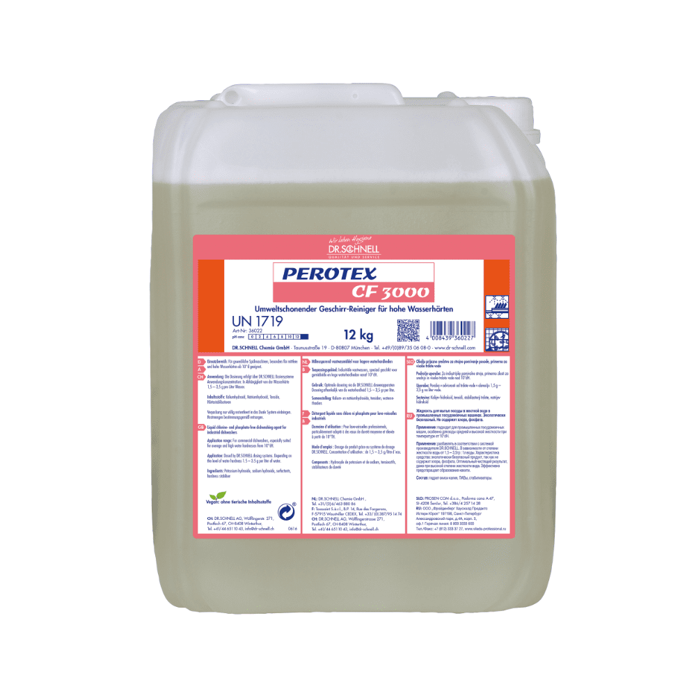Un contenitore di plastica trasparente da 12 kg con manico, riempito con Dr. Schnell Perotex CF 3000 detergente per stoviglie di DR.SCHNELL GmbH & Co. KGaA. L'etichetta bianco-rossa mostra informazioni sul prodotto e istruzioni per l'uso in acqua dura in blu.