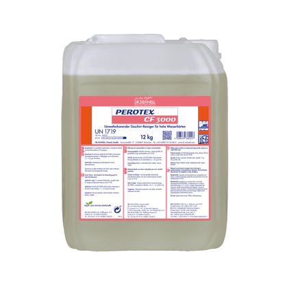 Un contenitore di plastica trasparente da 12 kg con manico, riempito con Dr. Schnell Perotex CF 3000 detergente per stoviglie di DR.SCHNELL GmbH & Co. KGaA. L'etichetta bianco-rossa mostra informazioni sul prodotto e istruzioni per l'uso in acqua dura in blu.