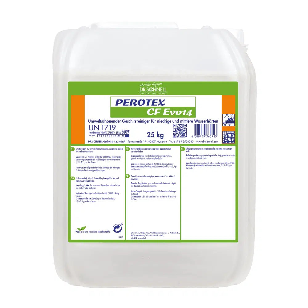 Un contenitore da 25 kg della DR.SCHNELL GmbH & Co. KGaA Perotex CF EVO 14, un detergente per lavastoviglie senza cloro per macchine industriali, con etichettatura verde-arancio e avvertenze di sicurezza in tedesco.
