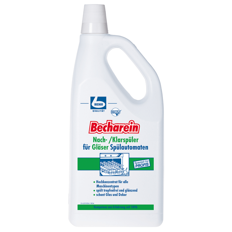 Una bottiglia di plastica con detergente per vetri Dr. Becher Becharein Nach / brillantante per lavastoviglie per bicchieri con un'etichetta bianco-verde, su cui è visibile un testo in tedesco e un'immagine di finestre splendidamente pulite. Il contenitore ha un manico per una facile manipolazione.