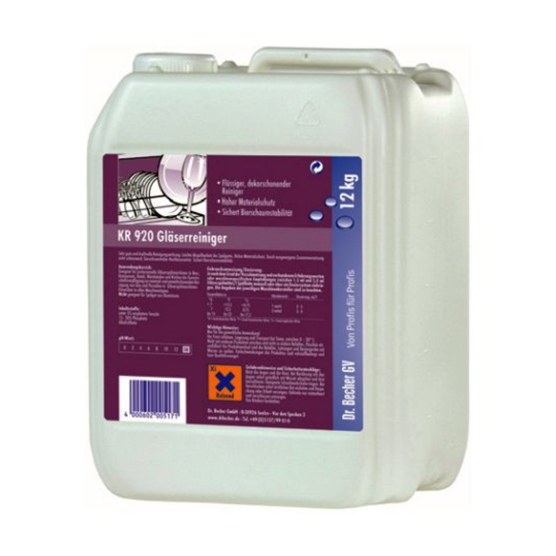 Un grande contenitore di plastica bianca con l'etichetta "Dr. Becher GmbH, Dr. Becher KR920 Detergente per bicchieri – 12kg | Tanica (12 kg)" e un'etichetta viola. Il contenitore, progettato per lavastoviglie professionali per bicchieri, ha un manico e contiene 12 kg di liquido. L'etichetta contiene istruzioni per l'uso, informazioni sulla sicurezza e simboli di pericolo per garantire la stabilità della schiuma della birra.