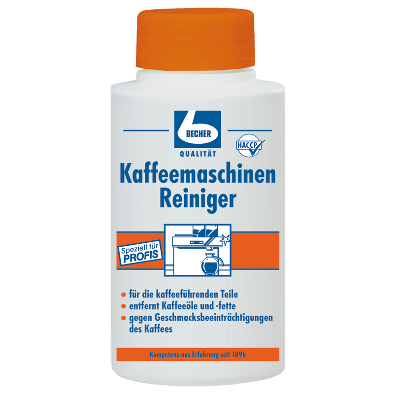La Dr. Becher detergente per macchine da caffè, flacone da 1000g della Dr. Becher GmbH è un flacone di plastica bianco con scritte blu e arancioni, istruzioni in tedesco e loghi di qualità/HACCP - perfetto per la pulizia e la manutenzione delle macchine da caffè.