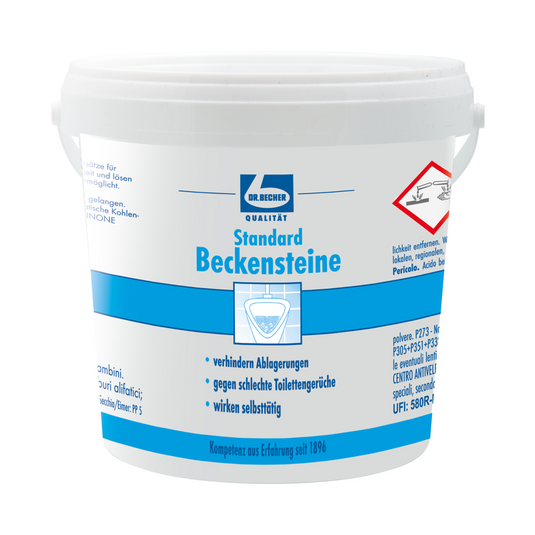 Ein weißer Kunststoffbehälter mit der Aufschrift "Auslaufartikel: Dr. Becher Beckensteine Standard - 30 Stück | Packung" der Dr. Becher GmbH, mit blauen Akzenten, deutschem Text, Gefahrensymbol und Sicherheitshinweisen; ideal für die Reinigung von Toiletten und Urinalen.