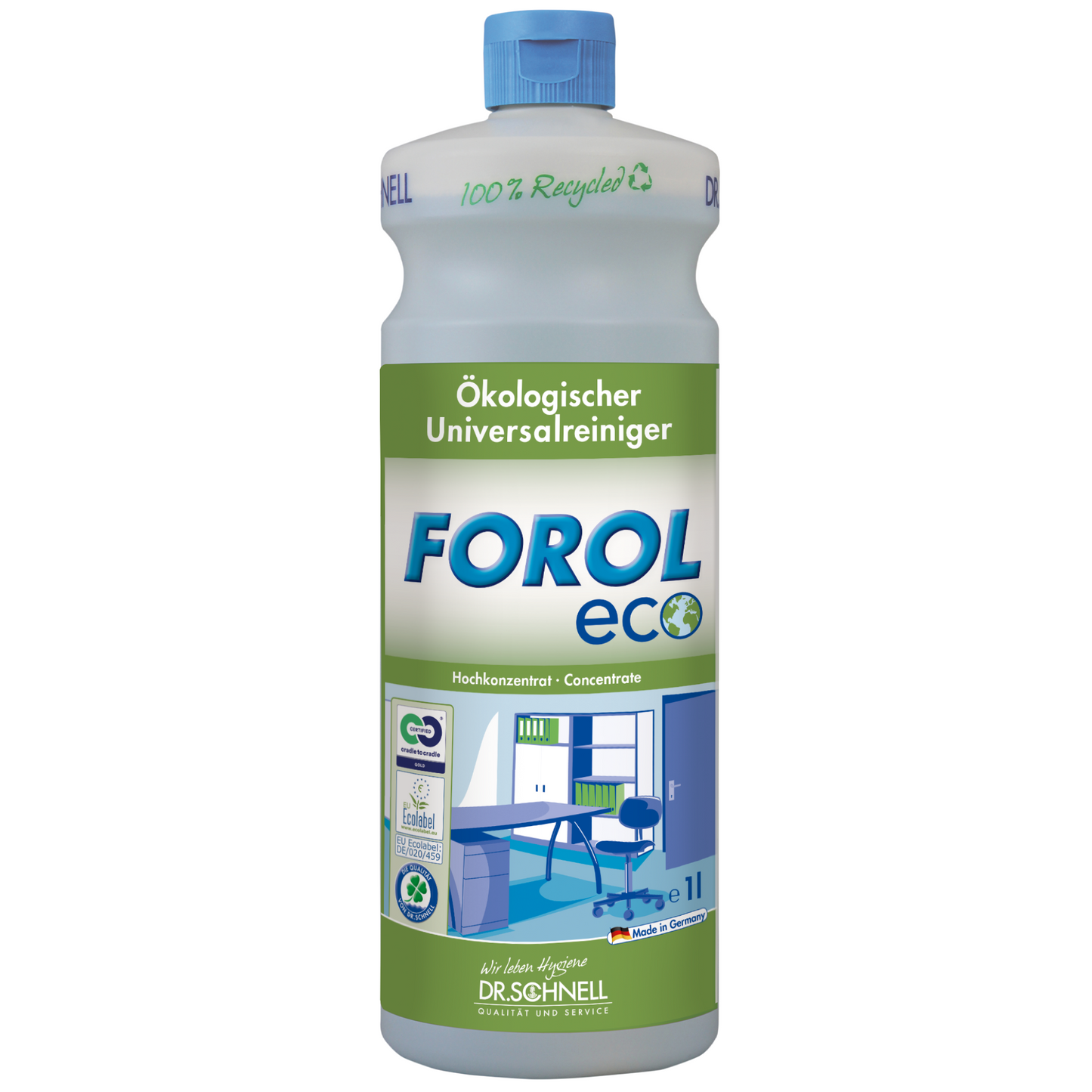 La Dr. Schnell Forol ECO detergente universale ecologico bottiglia da 1 litro in design ecologico verde-blu è etichettato come detergente universale ecologico. Prodotto da DR.SCHNELL GmbH & Co. KGaA con tecnologia di dosaggio innovativa, questa bottiglia da 1 litro è composta al 100% da materiale riciclato ed è ideale per la pulizia di superfici resistenti all'acqua.