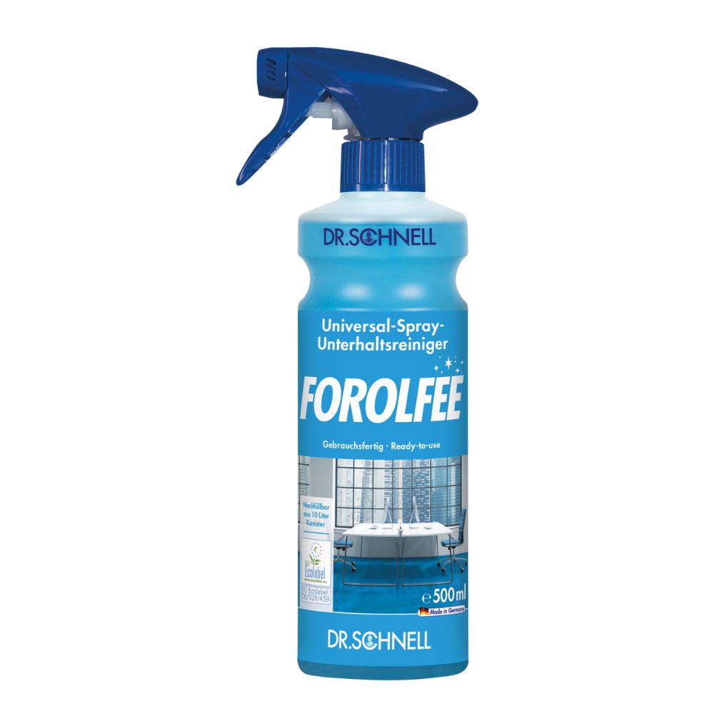 Una bottiglia spray blu-bianca con l'etichetta "Dr. Schnell ForolFee Detergente universale, pronto all'uso per superfici" della DR.SCHNELL GmbH & Co. KGaA contiene 500 ml e mostra sull'etichetta l'immagine di un bagno pulito.
