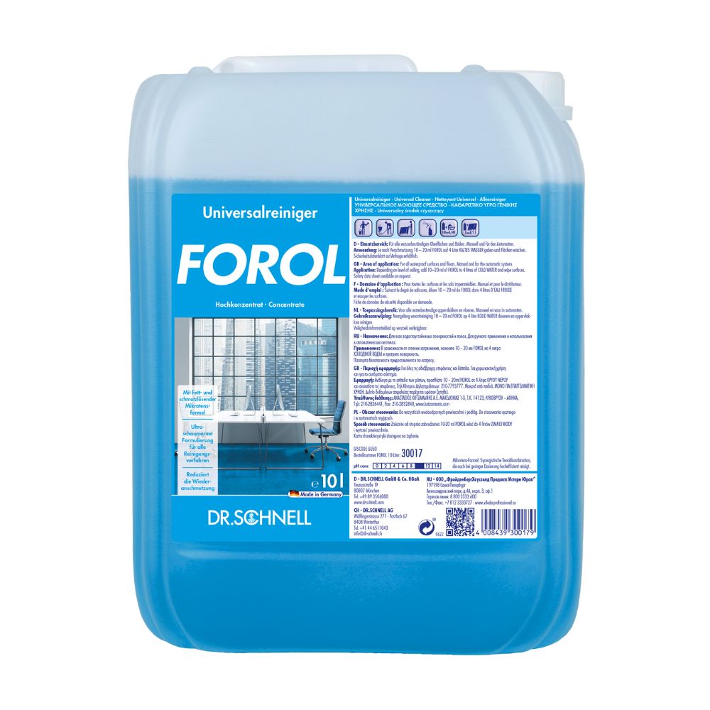 Immagine di un contenitore da 10 litri Dr. Schnell Forol detergente universale concentrato per superfici di DR.SCHNELL GmbH & Co. KGaA, un detergente multiuso azzurro noto per le sue eccellenti proprietà di dissoluzione dello sporco. L'etichetta frontale mostra i dettagli del prodotto, le istruzioni per l'uso e un'immagine che mostra una stanza impeccabilmente bianca.