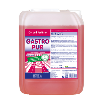 Il Dr. Schnell Gastro Pur sciogliolio e grasso, un grande contenitore riempito con un liquido rosso, è progettato per la pulizia delle superfici nella ristorazione. Dispone di una certificazione HACCP e avvertenze di sicurezza, oltre al logo della DR.SCHNELL GmbH & Co. KGaA, rendendolo adatto per aziende di trasformazione alimentare.