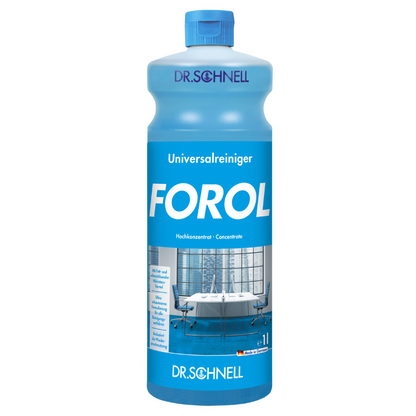 Una bottiglia di Dr. Schnell Forol detergente universale concentrato per superfici di DR.SCHNELL GmbH & Co. KGaA porta un'etichetta blu con testo bianco e mostra l'immagine di una stanza pulita e moderna con un pavimento blu, che evidenzia l'eccezionale capacità di rimozione dello sporco del prodotto. La bottiglia è chiusa con un tappo blu.