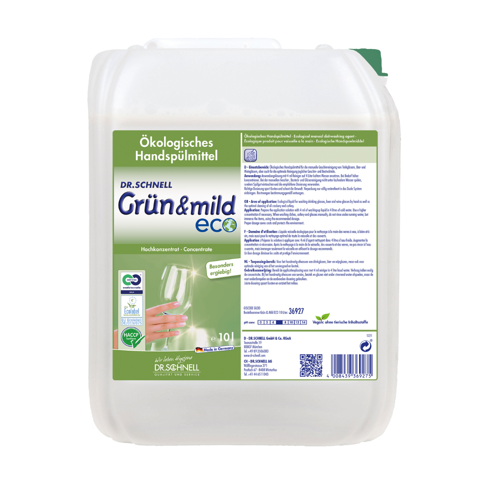 Un contenitore bianco con la scritta "Dr. Schnell GRÜN & MILD ECO detersivo per piatti ecologico concentrato" della DR.SCHNELL GmbH & Co. KGaA mostra dettagli del prodotto, certificazioni come la certificazione HACCP e un'illustrazione di un calice. Questo contenitore di detersivo delicato sulla pelle contiene 10 litri di liquido.