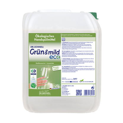 Un contenitore bianco con la scritta "Dr. Schnell GRÜN & MILD ECO detersivo per piatti ecologico concentrato" della DR.SCHNELL GmbH & Co. KGaA mostra dettagli del prodotto, certificazioni come la certificazione HACCP e un'illustrazione di un calice. Questo contenitore di detersivo delicato sulla pelle contiene 10 litri di liquido.