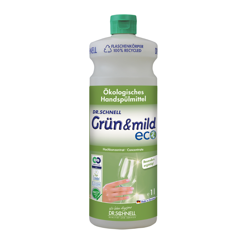 Dr. Schnell GRÜN & MILD ECO detersivo per piatti ecologico concentrato è disponibile in una bottiglia di plastica bianco-verde. L'etichetta mostra una mano che lava un calice e un testo in tedesco che evidenzia i vantaggi ecologici e le proprietà delicate sulla pelle. La bottiglia, prodotta da DR.SCHNELL GmbH & Co. KGaA, è dotata di un tappo verde con certificazione HACCP.
