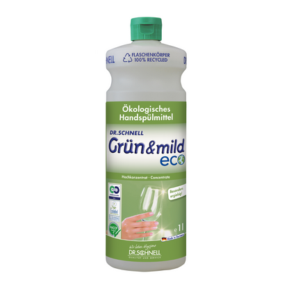 Dr. Schnell GRÜN & MILD ECO detersivo per piatti ecologico concentrato è disponibile in una bottiglia di plastica bianco-verde. L'etichetta mostra una mano che lava un calice e un testo in tedesco che evidenzia i vantaggi ecologici e le proprietà delicate sulla pelle. La bottiglia, prodotta da DR.SCHNELL GmbH & Co. KGaA, è dotata di un tappo verde con certificazione HACCP.