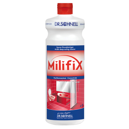 Dr. Schnell MILIFIX Detergente acido di base di DR.SCHNELL GmbH & Co. KGaA è la scelta ideale per la pulizia industriale e post-costruzione e presenta un'etichetta rosso-bianca con immagini di un WC e di un lavabo. Contiene descrizioni multilingue che evidenziano il suo ruolo come concentrato di pulizia profonda acida per diverse superfici.
