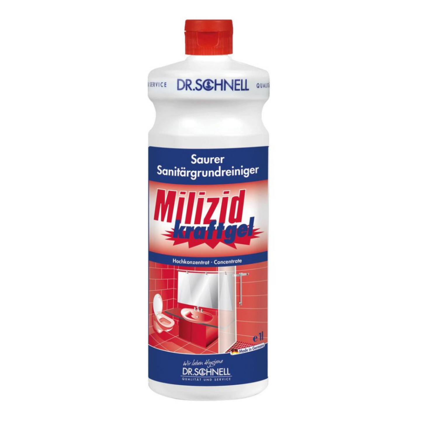 Una bottiglia bianca da 1 litro Dr. Schnell MILIZID Kraftgel detergente sanitario (DR.SCHNELL GmbH & Co. KGaA) con tappo rosso; l'etichetta mostra rubinetteria da bagno e indica che si tratta di un detergente fortemente acido per una pulizia sanitaria approfondita.