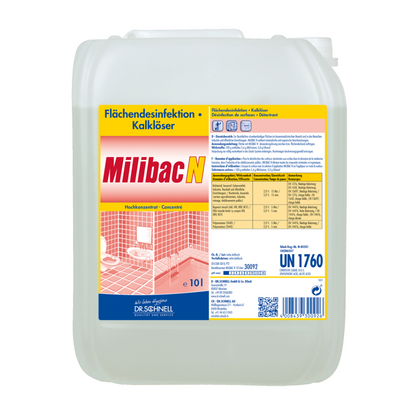 Il Dr. Schnell Milibac N disinfezione delle superfici e sciogli calcare della DR.SCHNELL GmbH & Co. KGaA è disponibile nel grande contenitore bianco da 10L con maniglia per una maneggevolezza comoda. L'etichetta progettata in rosso-giallo fornisce istruzioni dettagliate per l'uso e informazioni sulla sicurezza, rendendola quindi ideale per una disinfezione delle superfici efficace.