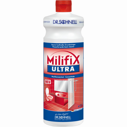 Una bottiglia Dr. Schnell di Milifix ULTRA di DR.SCHNELL GmbH & Co. KGaA è un potente concentrato per la pulizia di base sanitaria, ideale per superfici resistenti agli acidi. L'etichetta lo descrive come un detergente acido di base altamente concentrato, perfetto per rimuovere i depositi minerali. La bottiglia è bianca con un tappo rosso e mostra l'immagine di un bagno rosso e bianco.
