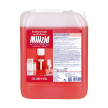 Ein roter 10-Liter-Behälter mit Dr. Schnell Milizid Cool Breeze Sanitärreiniger und Kalklöser von DR.SCHNELL GmbH & Co. KGaA, konzipiert für die desodorierende Reinigung mit sanitärreiniger- und kalklösenden Eigenschaften. Das vordere Etikett enthält Bilder einer Toilette und von Fliesen sowie Produktdetails und deutschen Text.