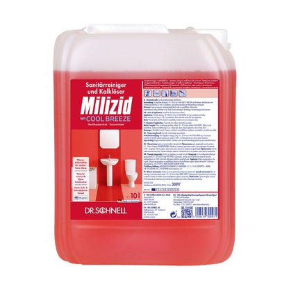 Un contenitore rosso da 10 litri di Dr. Schnell Milizid Cool Breeze Detergente sanitario e disincrostante di DR.SCHNELL GmbH & Co. KGaA, progettato per la pulizia deodorante con proprietà detergenti sanitarie e disincrostanti. L'etichetta frontale contiene immagini di un WC e di piastrelle, oltre a dettagli del prodotto e testo in tedesco.