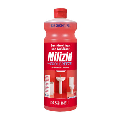 Una bottiglia di Dr. Schnell Milizid Cool Breeze Detergente sanitario e disincrostante, prodotto da DR.SCHNELL GmbH & Co. KGaA, ha un'etichetta rossa con immagini di un lavandino e di un WC. La descrizione in tedesco evidenzia la sua efficacia come detergente concentrato per deodorare compiti sanitari.