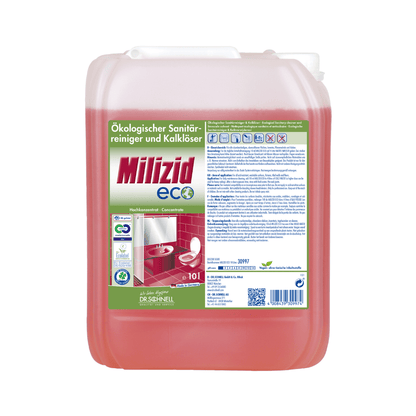Un grande contenitore del detergente sanitario e disincrostante Dr. Schnell Milizid ECO prodotto da DR.SCHNELL GmbH & Co. KGaA porta il marchio ecologico sulla sua etichetta. Questo prodotto ecologico è decorato nei colori verde e rosso, con testo in tedesco e un'immagine di un bagno, ed è dotato di un tappo bianco.