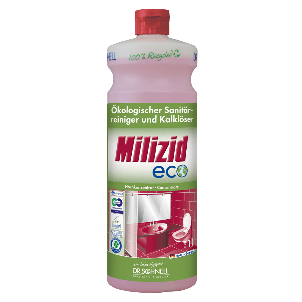 Una bottiglia di "Dr. Schnell Milizid ECO detergente sanitario e disincrostante" del marchio DR.SCHNELL GmbH & Co. KGaA porta con orgoglio il marchio ecologico. Sull'etichetta ci sono immagini di lavandini e toilette che sottolineano l'alta concentrazione. La bottiglia rosa con tappo rosso riporta sul collo la scritta "100% riciclato".