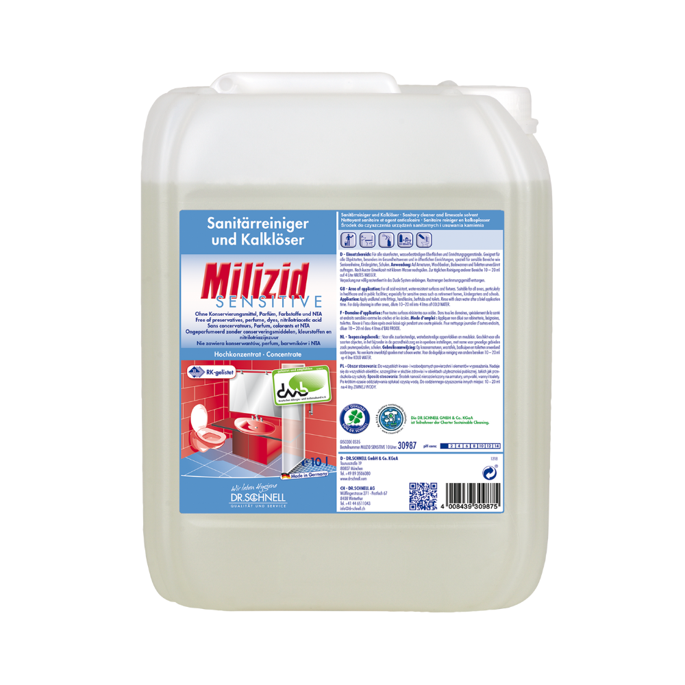 Un contenitore di Dr. Schnell Milizid Sensitive Detergente sanitario e sciogli-calcare, un prodotto della DR.SCHNELL GmbH & Co. KGaA. È dotato di un'etichetta blu con dettagli del prodotto e immagini di un lavandino e di un WC su superfici resistenti agli acidi. Il contenitore trasparente è chiuso con un tappo bianco.