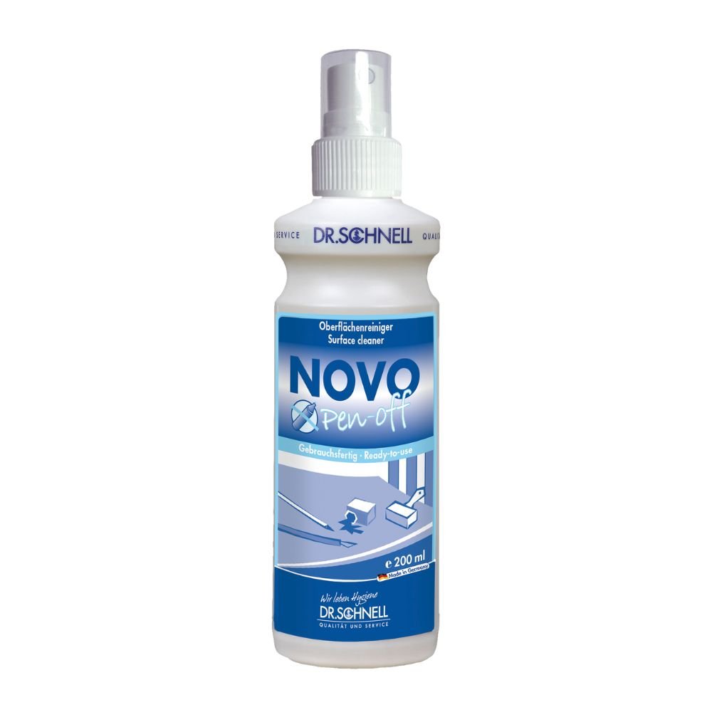 La bottiglia spray da 500 ml del Dr. Schnell NOVO PEN-OFF detergente speciale per superfici per uffici della DR.SCHNELL GmbH & Co. KGaA con etichetta blu-bianca e istruzioni per l'uso per una rimozione efficace delle macchie sulle superfici degli uffici.