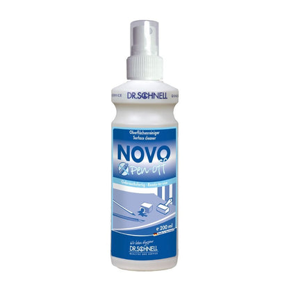 La bottiglia spray da 500 ml del Dr. Schnell NOVO PEN-OFF detergente speciale per superfici per uffici della DR.SCHNELL GmbH & Co. KGaA con etichetta blu-bianca e istruzioni per l'uso per una rimozione efficace delle macchie sulle superfici degli uffici.