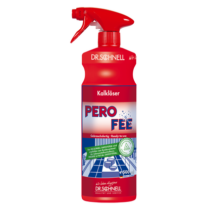 Una bottiglia spray rossa con l'etichetta "Dr. Schnell PeroFee Disincrostante, pronto all'uso" di DR.SCHNELL GmbH & Co. KGaA, ideale per l'area cucina, presenta simboli che indicano che il prodotto è pronto all'uso ed è adatto per superfici resistenti agli acidi come lavelli e piastrelle. La bottiglia è dotata di un ugello rosso per una facile spruzzatura.