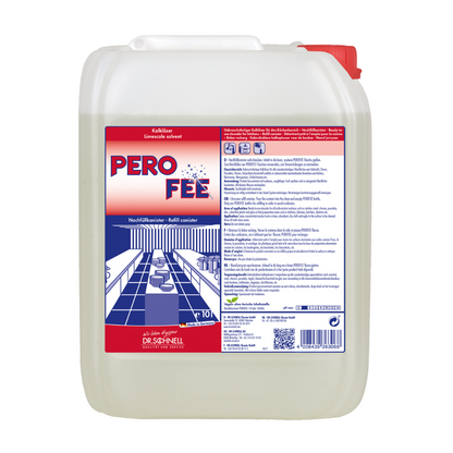 Un grande contenitore di plastica bianco con coperchio rosso porta l'etichetta "Dr. Schnell PeroFee Disincrostante, pronto all'uso", è corredato di testo in tedesco e un'immagine di un bagno stilizzato con lavandino e specchi, rendendolo quindi ideale per superfici resistenti agli acidi. Il contenitore da 10 litri prodotto da DR.SCHNELL GmbH & Co. KGaA è progettato per contenere soluzioni detergenti.
