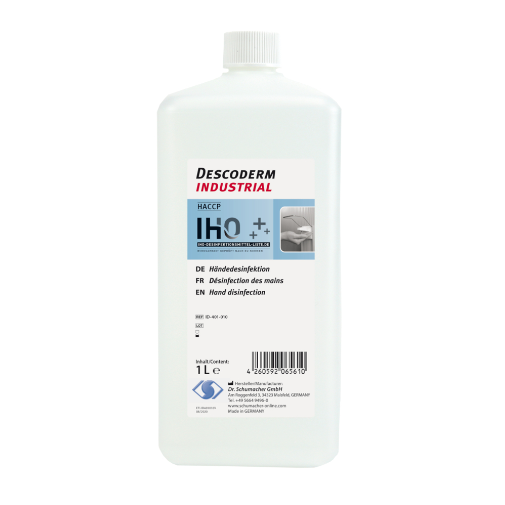 Eine 1-Liter-Flasche mit der Aufschrift „Dr. Schumacher Descoderm Industrial Handdesinfektion – 1 Liter | Flasche (1000 ml)“ von Dr. Schumacher GmbH mit parfümfreiem Händedesinfektionsmittel. Das Etikett enthält Text in mehreren Sprachen und ein Bild von desinfizierten Händen sowie einen Strichcode und Produktinformationen am unteren Rand, die darauf hinweisen, dass das Produkt sowohl hautverträglich als auch wirksam in der Anwendung ist.