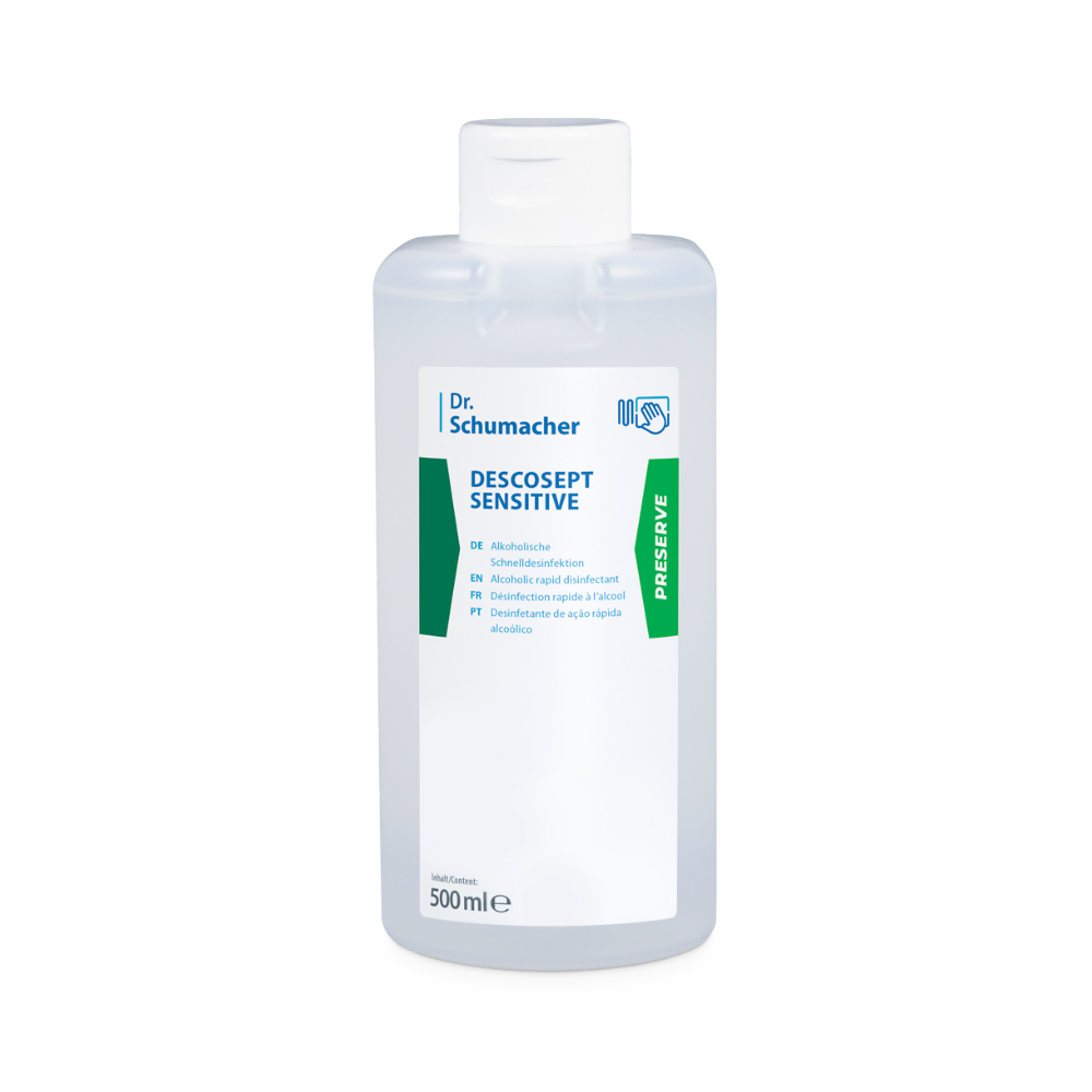 Una bottiglia da 500 ml di Dr. Schumacher Descosept Sensitive Disinfezione Rapida della Dr. Schumacher GmbH, sviluppata per la disinfezione di prodotti medici. La bottiglia trasparente dispone di un'etichetta bianca con il nome del prodotto e le istruzioni d'uso in diverse lingue, tra cui inglese, tedesco e francese, oltre a un'etichetta verde "Preserve" sul lato.