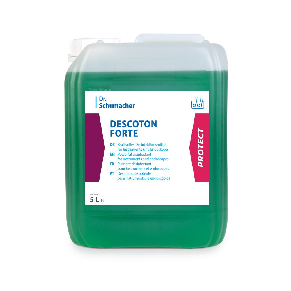 Un contenitore da 5 litri in plastica trasparente con la soluzione disinfettante Dr. Schumacher Descoton Forte, disinfezione degli strumenti 5 litri | Tanica (5 l) della Dr. Schumacher GmbH per la disinfezione di strumenti medici ed endoscopi. L'etichetta contiene testo in più lingue e presenta accenti rossi e bianchi. Il contenitore contiene un liquido verde e ha un tappo a vite bianco.