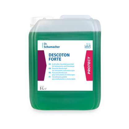 Un contenitore da 5 litri in plastica trasparente con la soluzione disinfettante Dr. Schumacher Descoton Forte, disinfezione degli strumenti 5 litri | Tanica (5 l) della Dr. Schumacher GmbH per la disinfezione di strumenti medici ed endoscopi. L'etichetta contiene testo in più lingue e presenta accenti rossi e bianchi. Il contenitore contiene un liquido verde e ha un tappo a vite bianco.