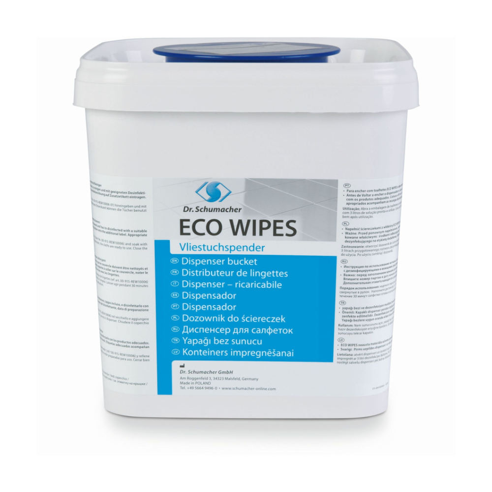 Immagine di un contenitore bianco con la scritta "Dr. Schumacher Eco Wipes distributore di salviette in tessuto non tessuto, rettangolare | Distributore (1 pezzo)." Il contenitore con coperchio blu serve come distributore riutilizzabile per salviette. Il testo in più lingue indica che è prodotto dalla Dr. Schumacher GmbH in Germania.