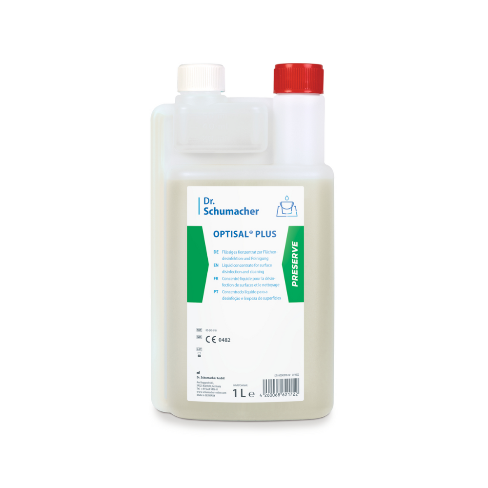 Una bottiglia da 1 litro di Dr. Schumacher Optisal® Plus Detergente disinfettante della Dr. Schumacher GmbH, un disinfettante per le mani. La bottiglia ha un corpo bianco con un tappo rosso-bianco e un'etichetta verde che riporta istruzioni per l'uso, varie certificazioni e l'idoneità all'uso con dispositivi medici.