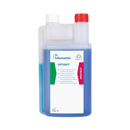 Una bottiglia da 1 litro di detergente disinfettante concentrato Dr. Schumacher GmbH OPTISEPT® con camera di misurazione, liquido blu, tappo rosso-bianco e etichetta bianca multilingue.