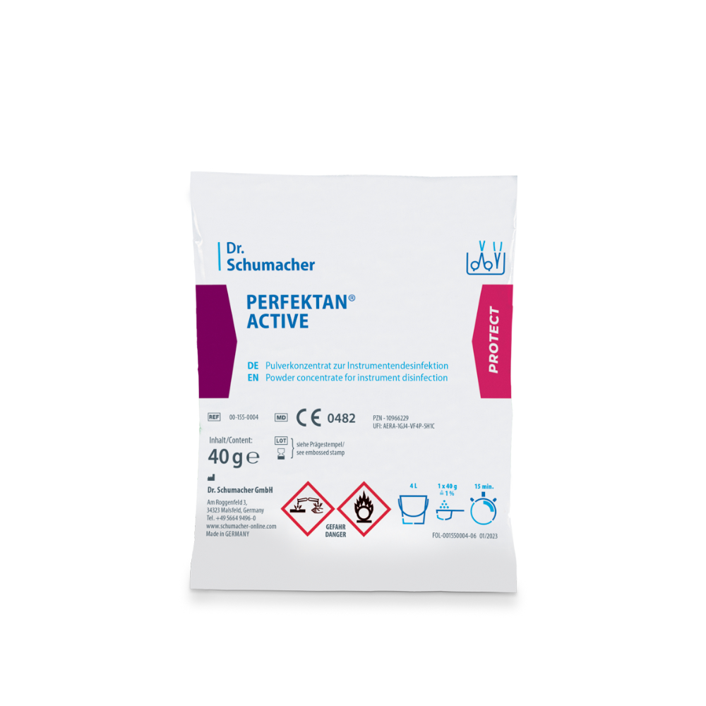 Questa è un'immagine di un pacchetto bianco con la scritta "Dr. Schumacher Perfektan® Active Instrumentendesinfektion" della Dr. Schumacher GmbH. La confezione indica che si tratta di un concentrato in polvere di acido peracetico per la disinfezione degli strumenti. Contiene 40 grammi ed è dotato di simboli di pericolo, istruzioni per l'uso e marchi di controllo.