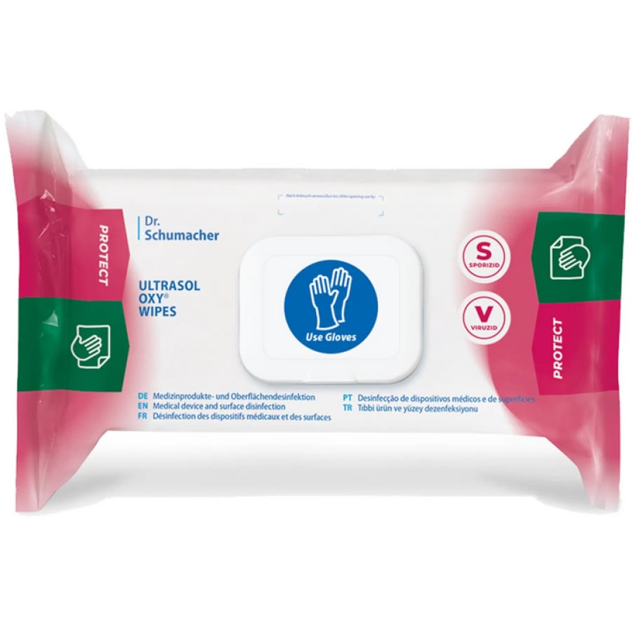 Articolo in esaurimento: Dr. Schumacher Ultrasol Oxy Wipes – senza alcool, sporicida | Confezione (108 salviettine)