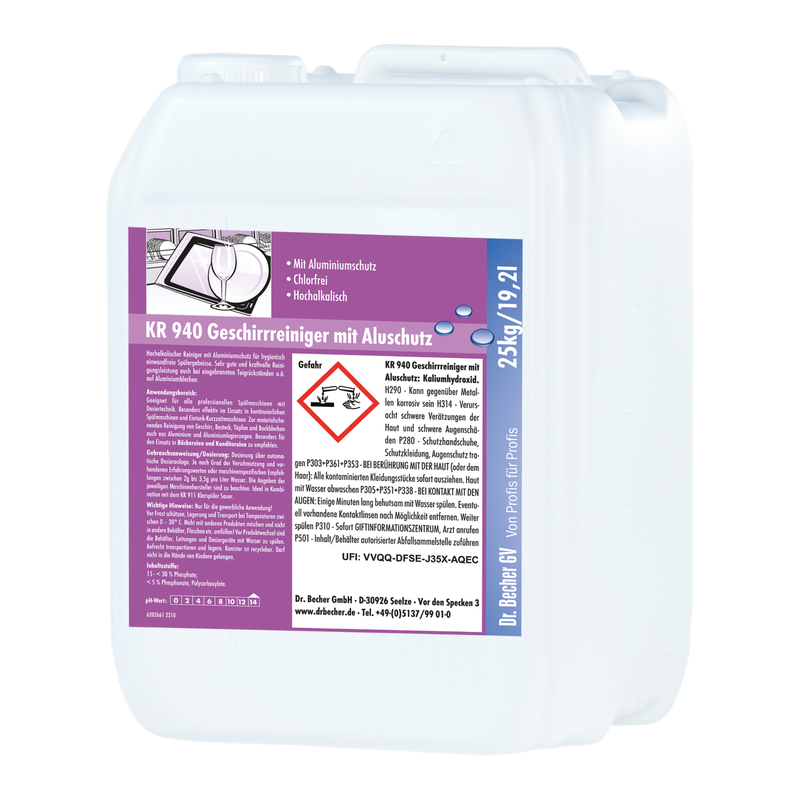 Un grande contenitore di plastica bianco con manico e etichetta viola porta avvertenze di sicurezza, testo e un'immagine di un piatto. Il prodotto è il detergente per stoviglie Dr. Becher KR 940 con protezione in alluminio della Dr. Becher GmbH. Capacità: 25 kg.