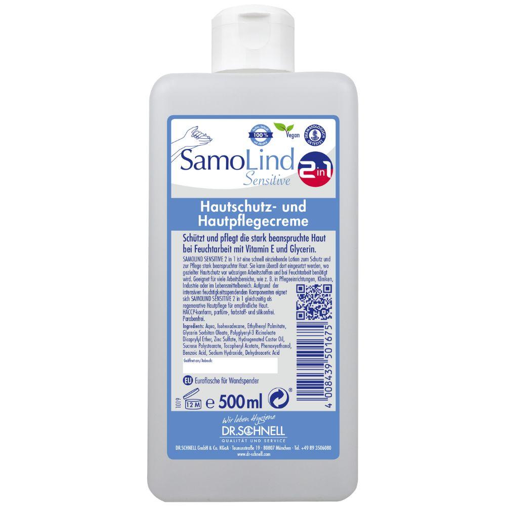 Una bottiglia da 500 ml Dr. Schnell di SamoLind Sensitive 2in1 crema protettiva e per la cura della pelle di DR.SCHNELL GmbH & Co. KGaA con testo in tedesco, etichetta blu-bianca, simboli per pelle vegana e sensibile e arricchita con glicerina per una cura aggiuntiva.