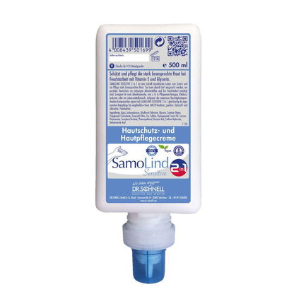 Una bottiglia da 500 ml Dr. Schnell di SamoLind Sensitive 2in1 crema protettiva e per la cura della pelle di DR.SCHNELL GmbH & Co. KGaA, con erogatore blu e etichetta frontale con dettagli del prodotto in tedesco.